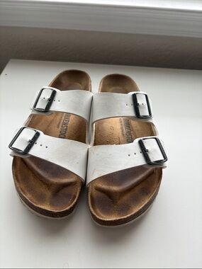 Birkenstock White Double-Strap Sandals with Silver Buckles